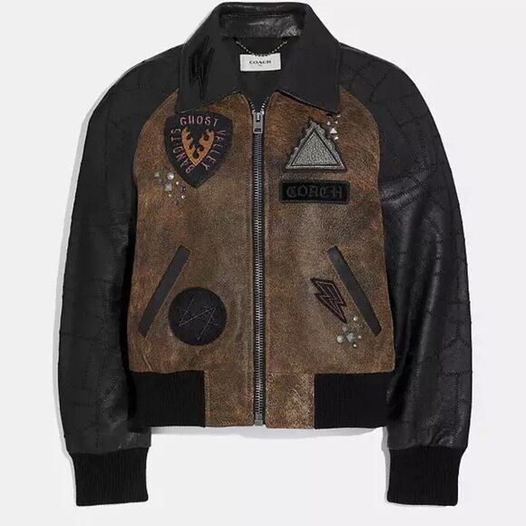 Coach Rare Women’s Embellished Varsity Leather Jacket Patchwork Sleeves Size 0 - Picture 1 of 9